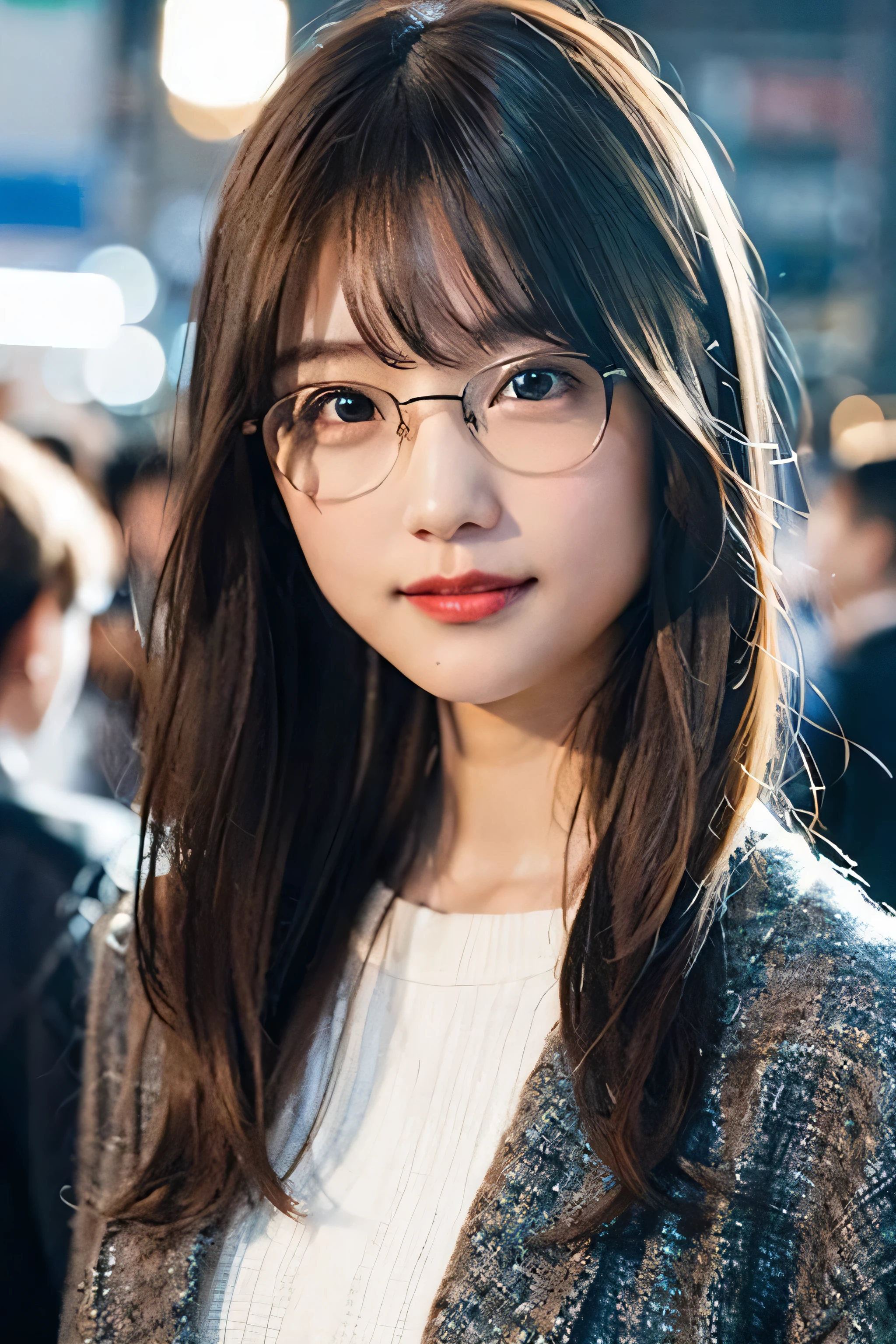 (8k、Original Photography、Top quality、masterpiece:1.2)、(Realist、Photorealistic:1.37)、Ultra Detailed、Ultra-high resolution、1 girl、Opinions vary、Beautiful and delicate face、a smile、shrink、(Slim waist) :1.3)、Autumn clothes、Beautiful and smooth skin、Texture、Flowing hair、Professional lighting、Osaka、Black frame square glasses、The whole body、Brown hair