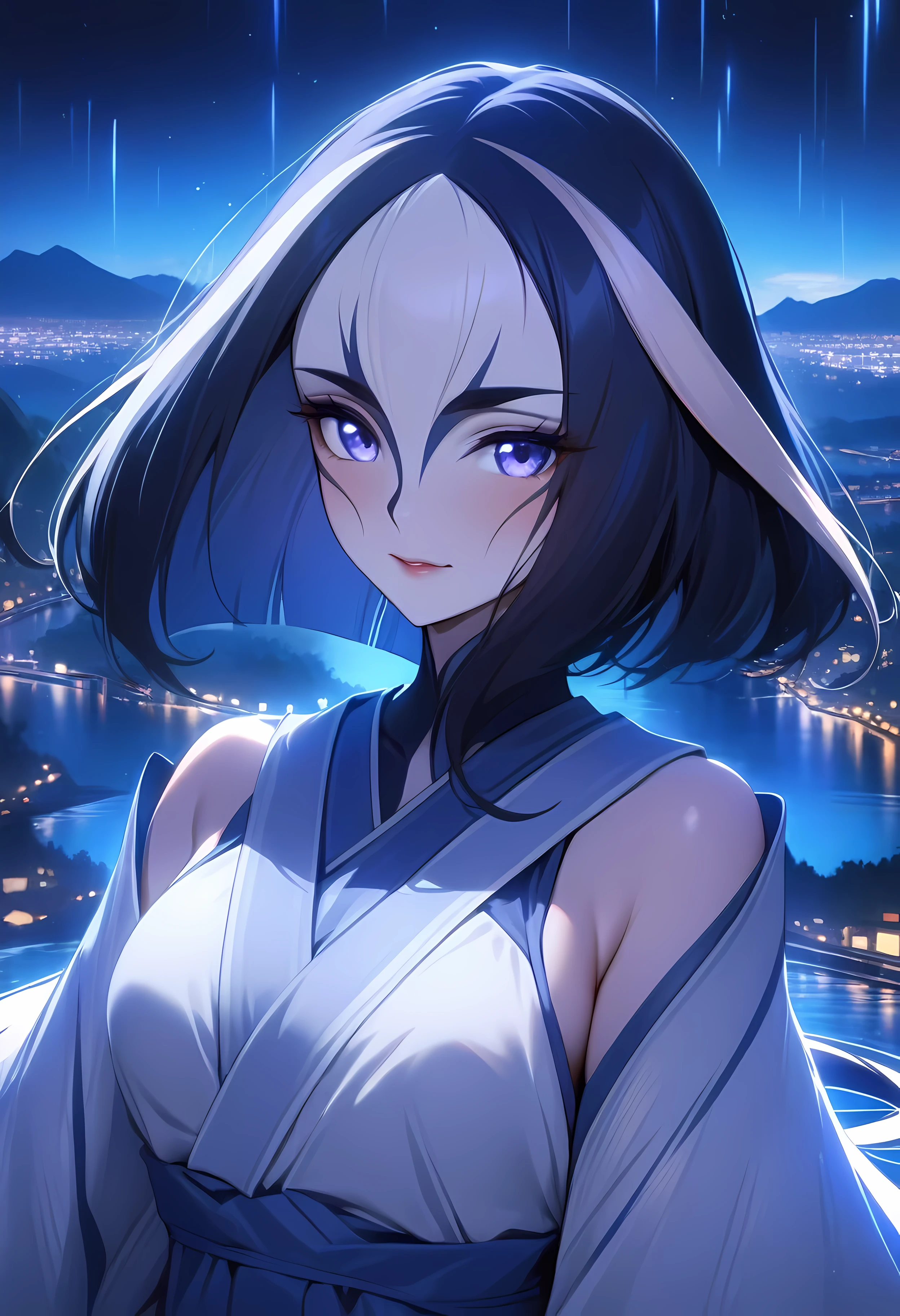 (shylily/(Twich/):1.5),(masterpiece:1.2),(best quality:1.2),, (1girl:1.3),best quality, masterpiece, high resolution,, 1 Girl, Delicate face, (Upper Body:1.6), Network City, Mountains and rivers, night, Firefly Lights, Practical, Rich in details, (White Hanfu:1.2), (Beautiful Body:1.4),