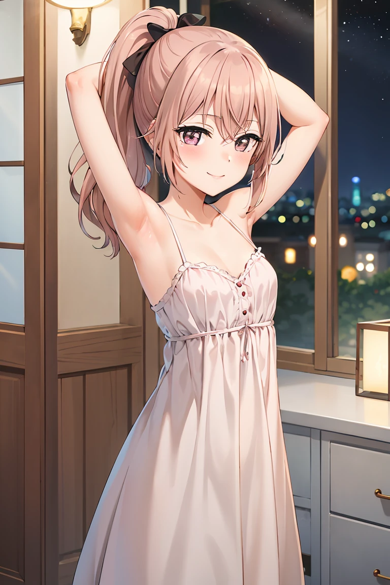 best quality, (masterpiece:1.2), detailed, inui sajuna juju, 1girl, solo, closed mouth, smile, blush, small breasts pink hair, pink eyes, long hair, side ponytail, pink dress, collarbone, spaghetti strap, looking at the viewer, armpits indoors, room, , night