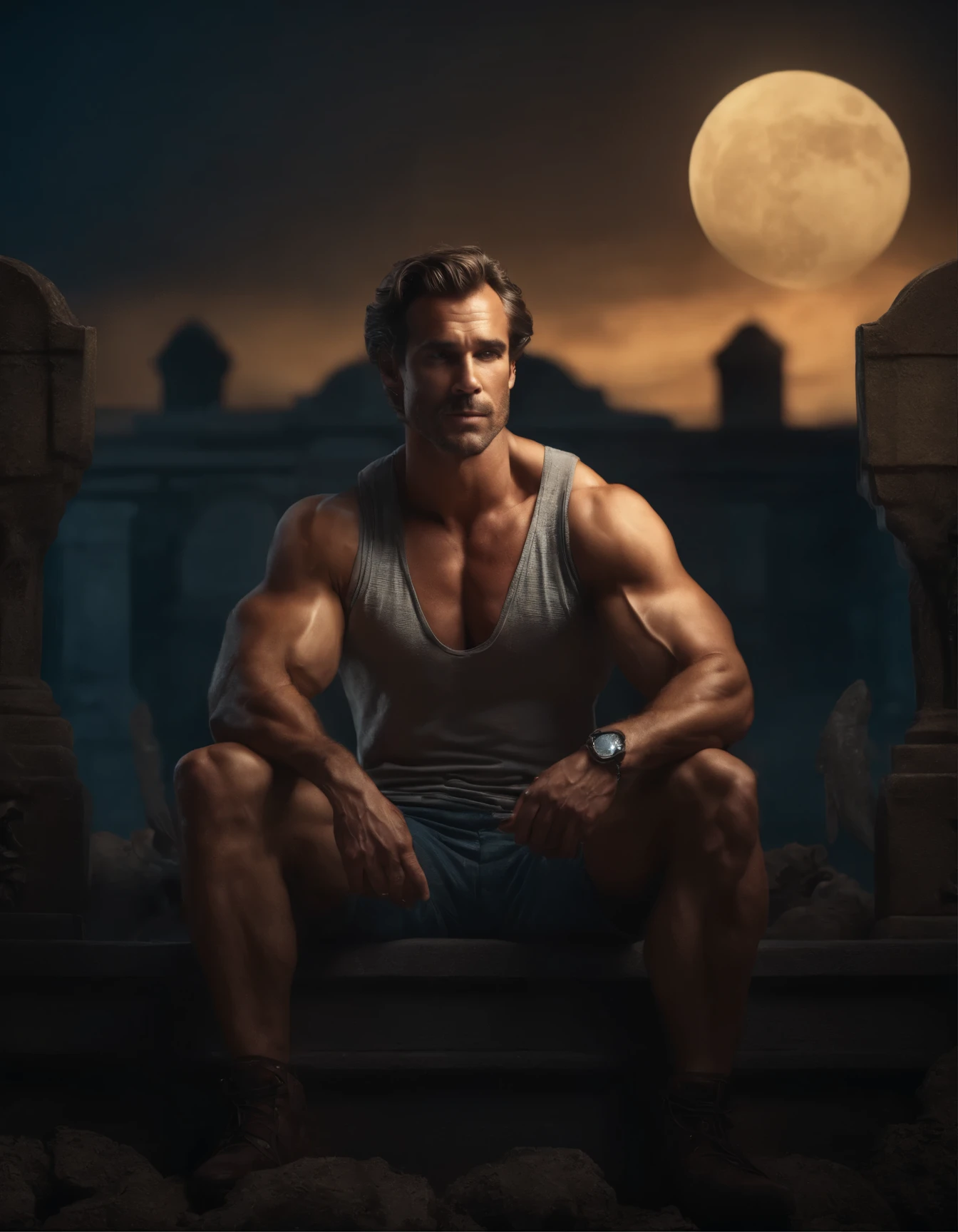 40 year handsome old elf, tanned skin, light brown hair, short messy hair, wearing elfin , sitting , mustache, piercing blue eyes, light brown hair, pronounced brow ridge, strong jaw, high cheekbones, (complete body:1.5), sitting on a bed spreading his legs, very beefy muscles, bulging biceps, bulging triceps, bulging pectorals, bulging quads, bulging trapezoids, wide shoulders, bulging calves, bulging forearms, hairy, (giant:1.5), tall, solo person. Art deco masterpiece, alpha male, at twilight, skull, nightmare, fire, intricately detailed, sharp focus, extremely detailed, dark fantasy, glowing, colorful painting, rich color, HDR, octane render, digital illustration, cinematic light, sitting on the throne, Explore the beauty of a moonlit cemetery, with weathered tombstones, crypts, and the feeling that the spirits of the departed may not be at rest