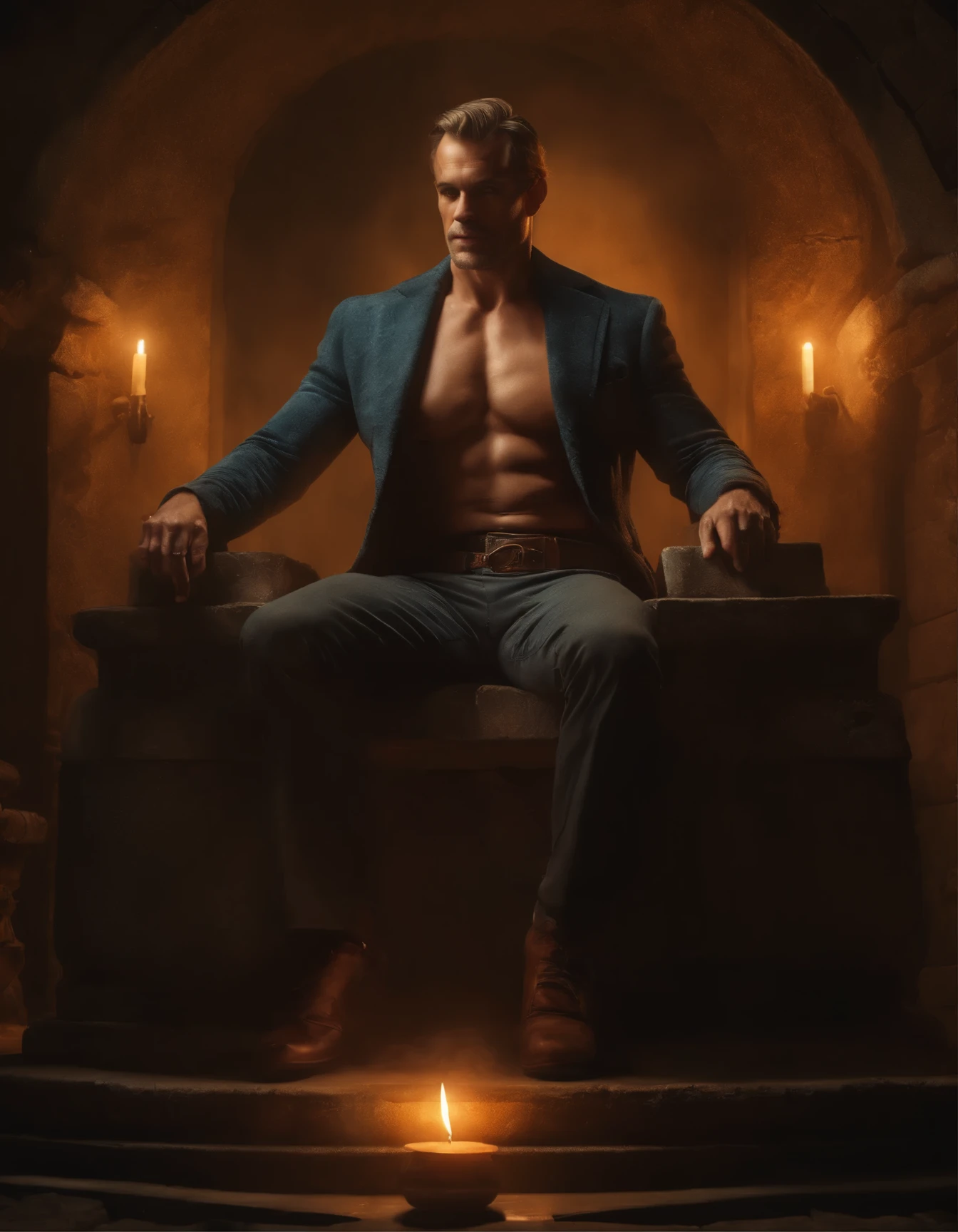 40 year handsome old elf, tanned skin, light brown hair, short messy hair, wearing elfin , sitting , mustache, piercing blue eyes, light brown hair, pronounced brow ridge, strong jaw, high cheekbones, (complete body:1.5), sitting on a bed spreading his legs, very beefy muscles, bulging biceps, bulging triceps, bulging pectorals, bulging quads, bulging trapezoids, wide shoulders, bulging calves, bulging forearms, hairy, (giant:1.5), tall, solo person. Art deco masterpiece, alpha male, at twilight, skull, nightmare, fire, intricately detailed, sharp focus, extremely detailed, dark fantasy, glowing, colorful painting, rich color, HDR, octane render, digital illustration, cinematic light, sitting on the throne, Explore the beauty of a moonlit cemetery, with weathered tombstones, crypts, and the feeling that the spirits of the departed may not be at rest