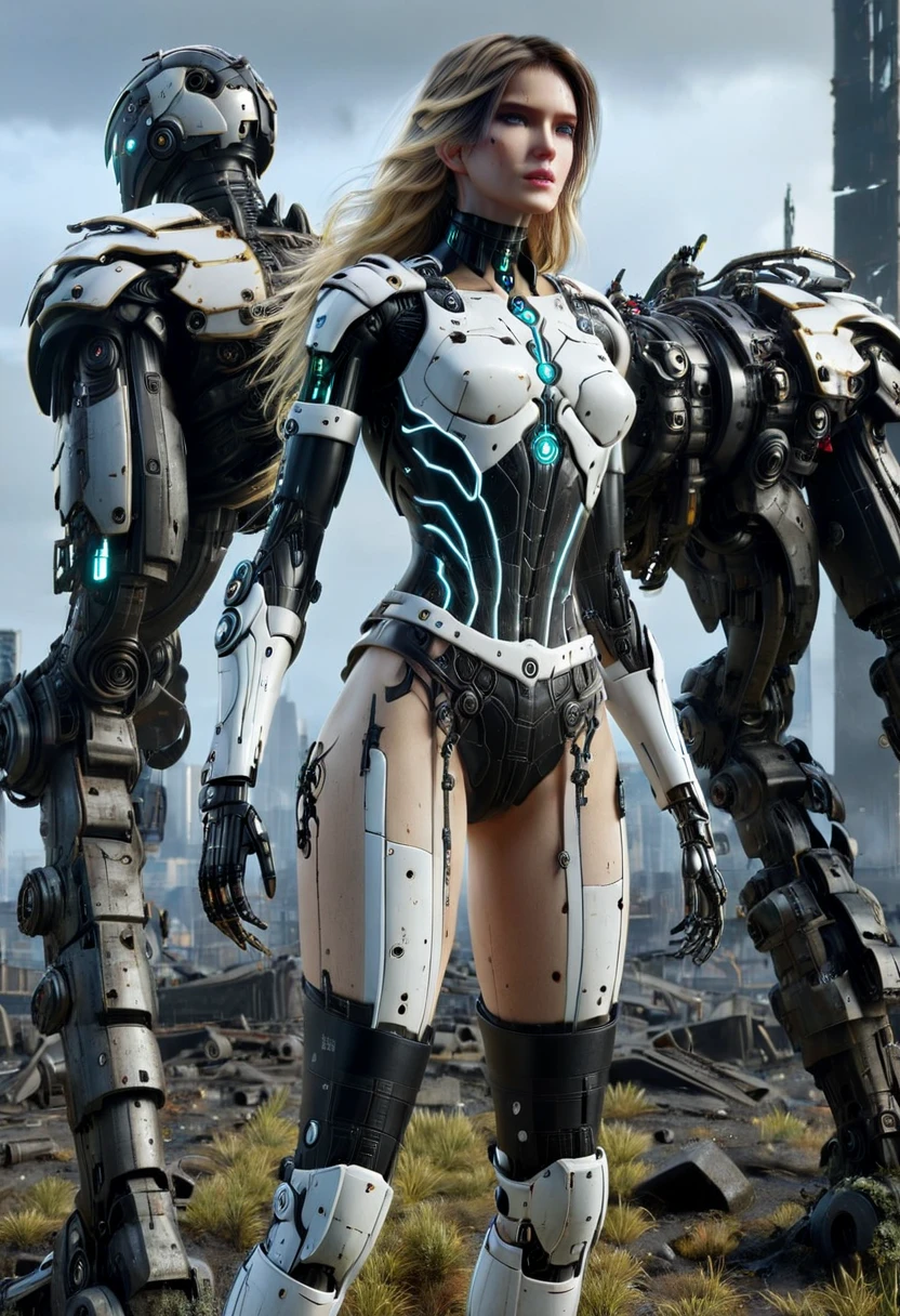((masterpiece, highest quality, Highest image quality, High resolution, photorealistic, Raw photo, 8K)), Abandoned robot soldier on battlefield, broken and immobile, rust and moss showing passage of time, female cyborg body, Blonde, female body, biomechanical , extra detailed body, blowjob white mech, white biomechanical details, detailed body, shiny white armor, cybernetic body, eva unit-00 on back, full body details, destroyed city in the background