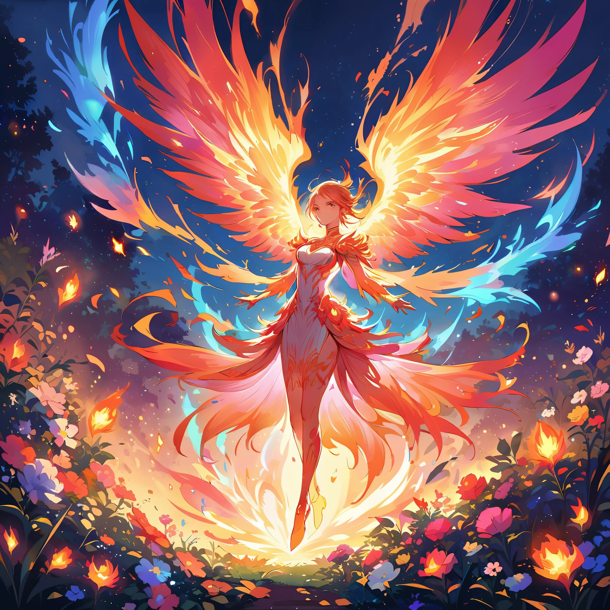 brightly lit fire in the middle of a serene night, fiery sparks rising, a majestic phoenix emerging from the flames descends, flaming wings with intricate details and vibrant colors, feathers softly glowing with warm hues, eyes glowing with intense light, feathers softly glowing with warm hues, wings spreading wide in mid-flight, radiating fiery energy, surrounded by a peaceful garden with lush greenery and blooming flowers, illuminated by the soft glow of moonlight casting gentle shadows, creating a magical and ethereal ambiance