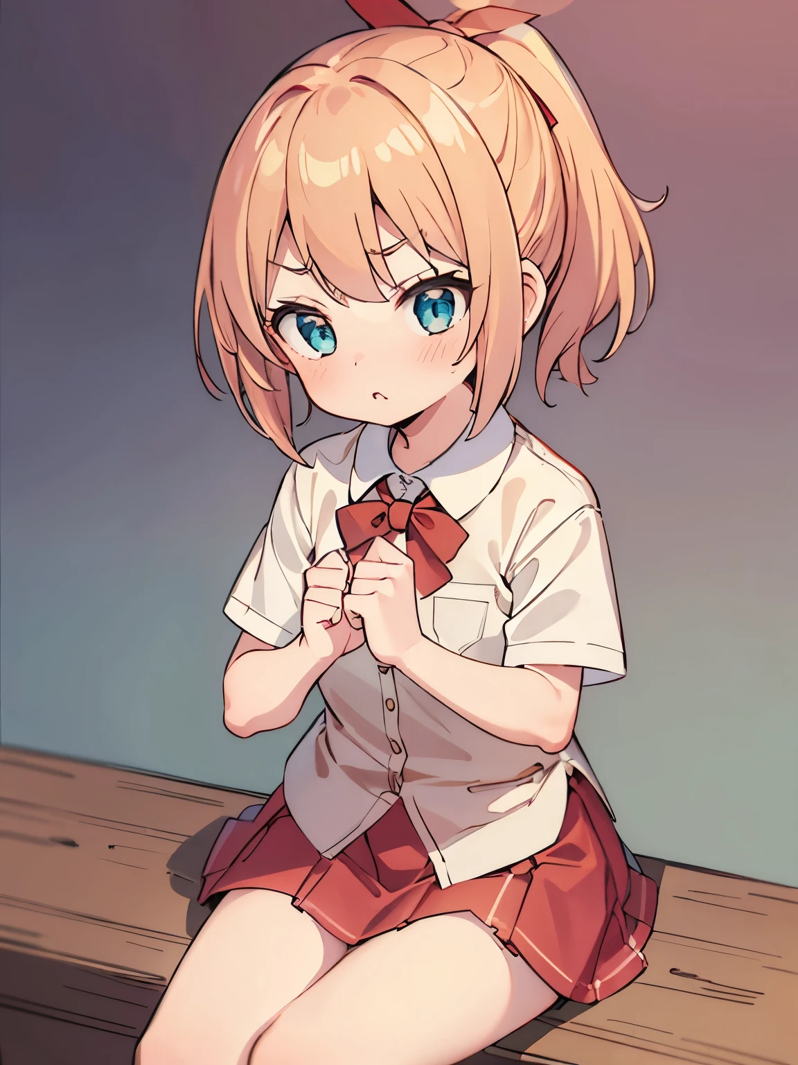 1girl,6 years old,blonde hair,Sitting,Pouting lips, hands clenched into fists, ,blonde hair,blonde hair,short hair, blue eyes,White short shirt, red bow tie, red short skirt, red ribbon ponytail,very short hair, side bangs,ultra detail, ultra HD