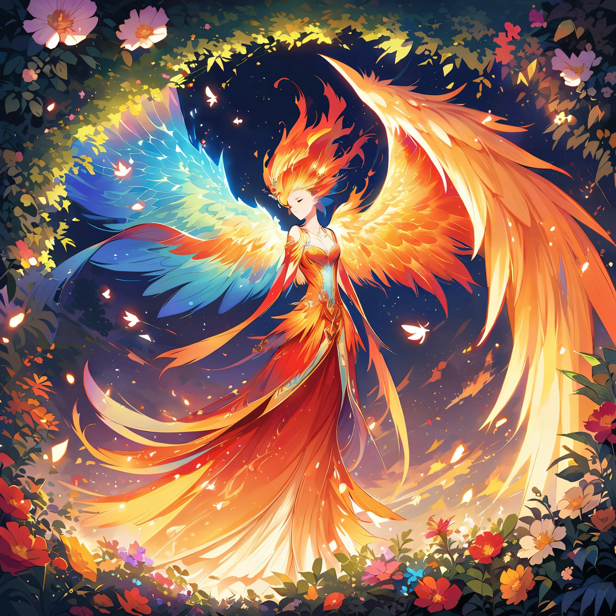 brightly lit fire in the middle of a serene night, fiery sparks rising, a majestic phoenix emerging from the flames descends, flaming wings with intricate details and vibrant colors, feathers softly glowing with warm hues, eyes glowing with intense light, feathers softly glowing with warm hues, wings spreading wide in mid-flight, radiating fiery energy, surrounded by a peaceful garden with lush greenery and blooming flowers, illuminated by the soft glow of moonlight casting gentle shadows, creating a magical and ethereal ambiance