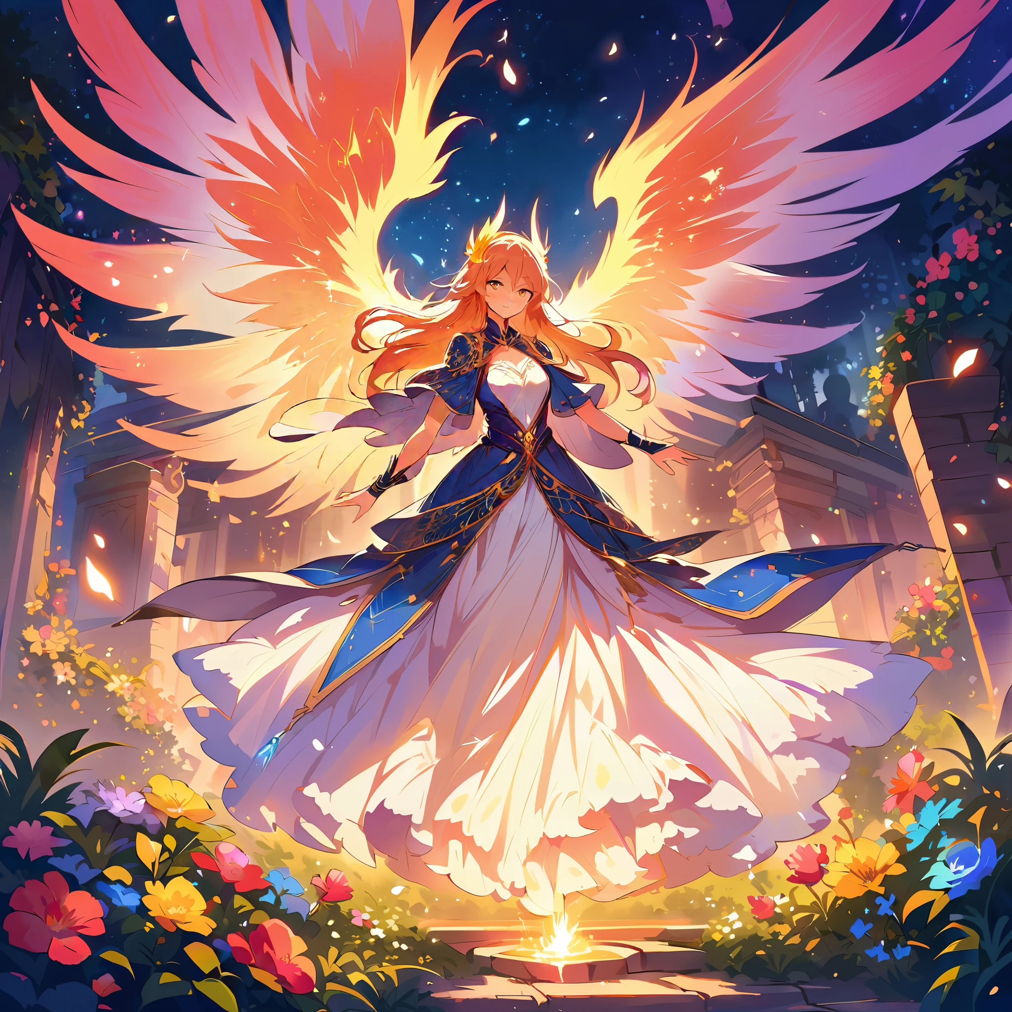 the middle of a serene night, a majestic phoenix emerging from the Campfire descends, flaming wings with intricate details and vibrant colors, feathers softly glowing with warm hues, eyes glowing with intense light, feathers softly glowing with warm hues, wings spreading wide in mid-flight, radiating fiery energy, surrounded by a peaceful garden with lush greenery and blooming flowers, illuminated by the soft glow of moonlight casting gentle shadows, creating a magical and ethereal ambiance