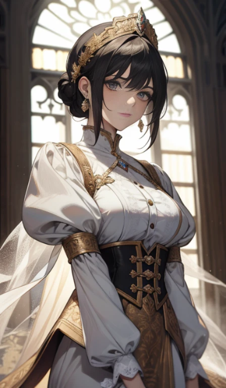fantasia, 19th-century, empress, mulher, rosto delicado, cabelo longo castanho claro, olhos azuis, em um vestido real branco com ombros abertos, gold patterns on fabric, crystal jewelry, com uma fita escarlate no ombro com os trajes do monarca, Gothic castle made of white stone in the background, luz, dia, High definition