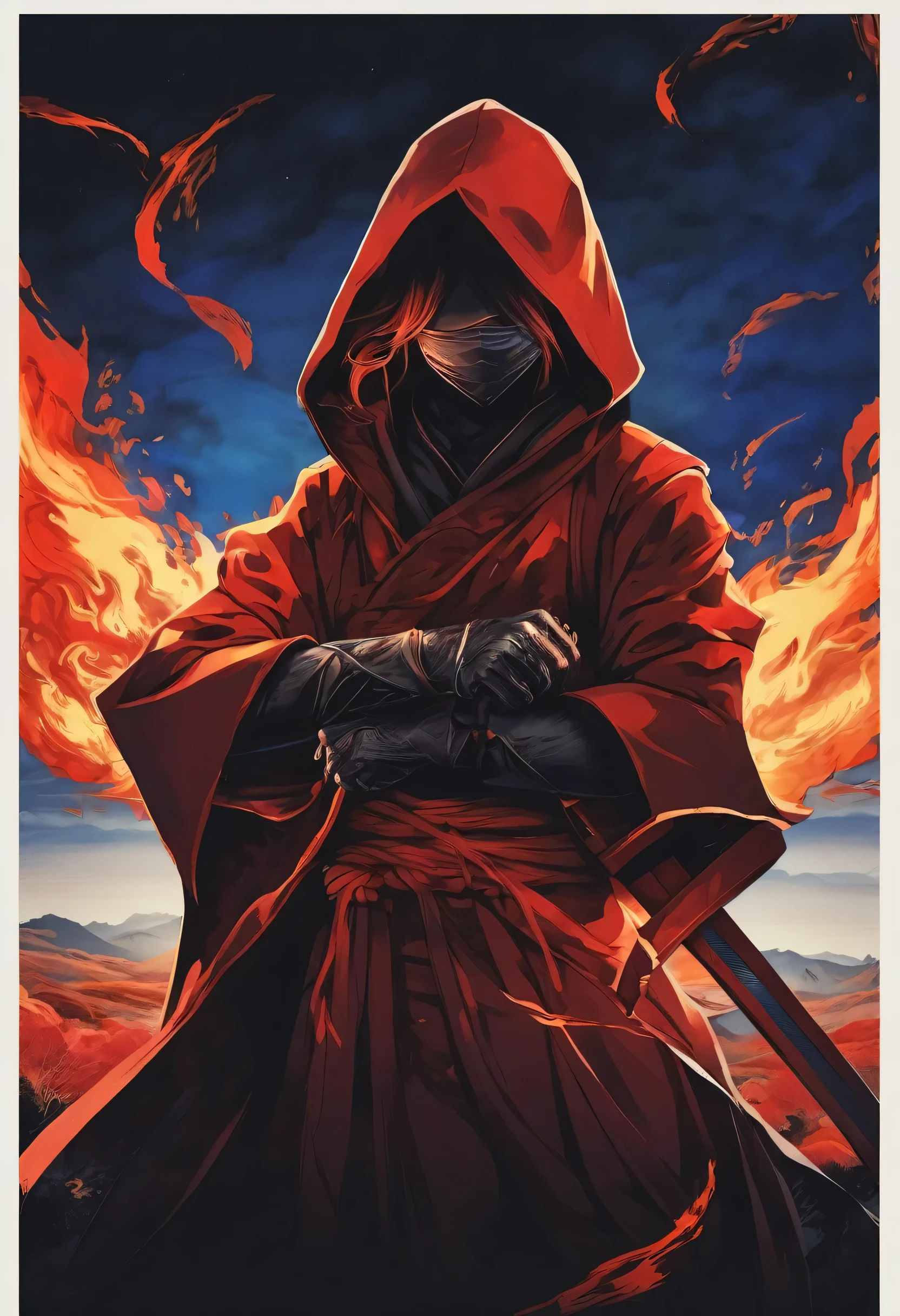Beautiful woman、He wears a full-body reddish robe reminiscent of the Hunter from Bloodborne.、Female Ninja、Kunoichi、He hides his face in a black hoodie、. Her eyes are blue、In his right hand he holds a dagger, Flying in the air、With my whole body engulfed in flames、Night Sky、Ninja Fashion, Dark Fantasy Digital Art , Calm retro colors, CRT TV display by Hojo Tsukasa and Kawamoto Toshihiro - A human being without a monster