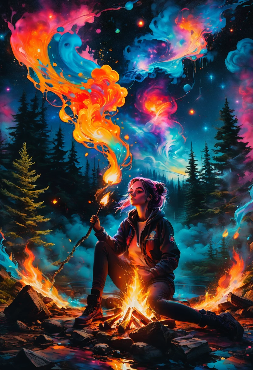 1girl, Campfire, aesthetic, Campfire in the woods at night, with nightsky of a colorful galaxy, graffiti art, splash art, street art, spray paint, oil gouache melting, acrylic, high contrast, colorful polychromatic, ultra detailed, ultra quality, CGSociety
