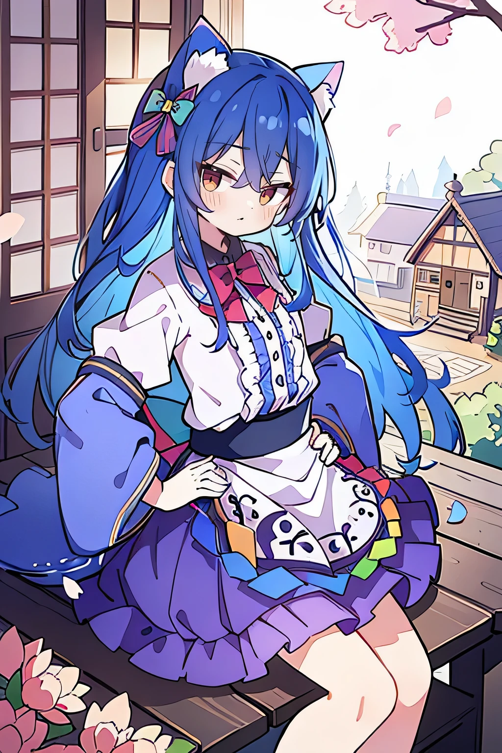 (masterpiece),best quality, expressive eyes, perfect face, 1girl,
Put your hands on your waist,fair, Gorgeous,Japanese cartoons,girl,lola,Hina Angel, blue hair, blue haired, floating clothes,Grab your waist, Grab your waist, hands on hips , hands on hips,sit, sit on ground, Legs on the ground, flat chest,cat ears,Petals fall,Sitting in the summerhouse,summerhouse,
