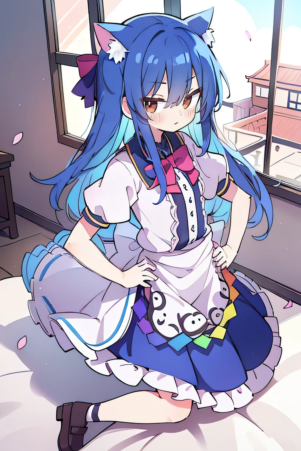 (masterpiece),best quality, expressive eyes, perfect face, 1girl,
 Put your hands on your waist,fair, Gorgeous,Japanese cartoons,girl,lola,Hina Angel, blue hair, blue haired, floating clothes,Grab your waist, Grab your waist, hands on hips , hands on hips,sit, sit on ground, Legs on the ground, flat chest,cat ears,Petals fall,Sitting in the summerhouse,summerhouse,