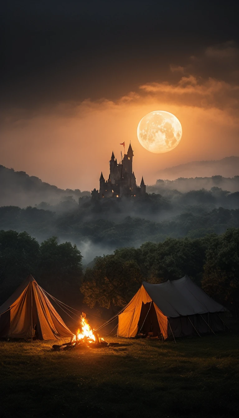 (best quality,4k,8k,highres,masterpiece:1.2),ultra-detailed,(realistic,photorealistic,photo-realistic:1.37),dark and mysterious atmosphere,imposing castle in the distance,moonlit sky illuminating the scene,wisps of fog surrounding the camp,ominous shadows cast by the flickering campfires,shimmering armor and weapons of the soldiers,elaborate banners fluttering in the wind,impressive rows of tents stretching far and wide,men and women resting by the fires,conversations in hushed tones,lush greenery peeking through the outskirts of the camp,thick forest surrounding the camp providing a sense of seclusion,glimpses of mythical creatures lurking in the shadows,whispers of magic in the air,hints of ancient ruins in the distance,echoes of distant battle cries,resolute and determined faces of the soldiers,void of fear,leader's orders echoing throughout the camp,preparations for the next day's march underway,secrets and untold stories hidden within the camp,gothic architecture of the castle adding to the eerie ambiance.