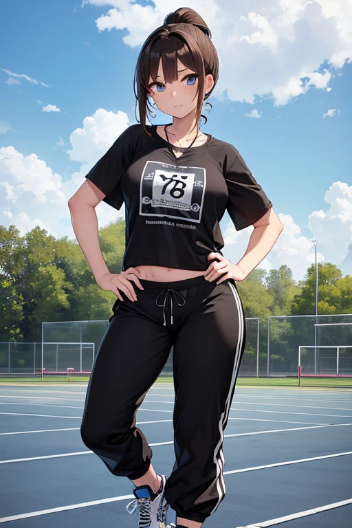 Masterpiece, high resolution, high quality, intricate details, anime girl, full body portrait, front view, 1girl, solo, 36 year old woman, attractive woman, mature face, mature beauty, brown hair, short ponytail, blue eyes, athletic body, medium breasts, curvy hips, arrogant smile, ((Wearing: White Gym T-shirt, Black Gym sweat pants, whistle necklace and black tennis shoes)), standing, hands on hips, looking at viewer, (Background: outdoors,  school track field, blue sky, clouds in the sky),