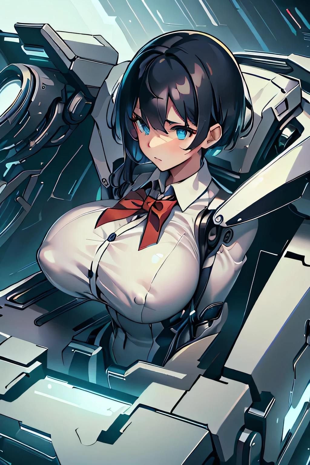 masterpiece , best quality , 1 y girl , solo , full body tight suit and bowtie , (covered nip9) , (gigantic tits:1.2) hick arm:1.1) , thick thigh , gigantic hip , (gold hair:1.1) , short hair , (plump:1.1) , robot joint , robot shoulder , embedded in machinery , lying on small sci-fi cockpit , surred by sci-fi machinery and monitor , folded , cable attached to the whole body ,spread legs , ahegr , suit and tie, formal suit uniform, big shirt collar, formal white dress shirt, formal suit coat, huge giant red bowtie, formal suit clothing, high collar, sex machine, vaginal insertiomachine gun ed in breling gun breasts, gun barrels, brea embedded with guns, zed breasts, black hai, black hair, dark hair, fully covered breattoned white collared shirt
