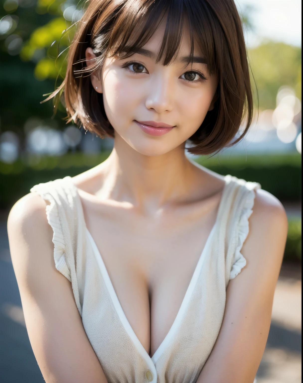 Best quality, focus on the face, soft light, ultra high resolution, (photorealistic:1.4), raw photo,
1japanese girl, One, Cute, (shy smile:0.5), (Brown eyes, lights in the eyes),  detailed beautiful face, (Small chest),(High resolution human skin texture detail),
(short hair bob)
BREAK,
in class,naval , vest, skirt