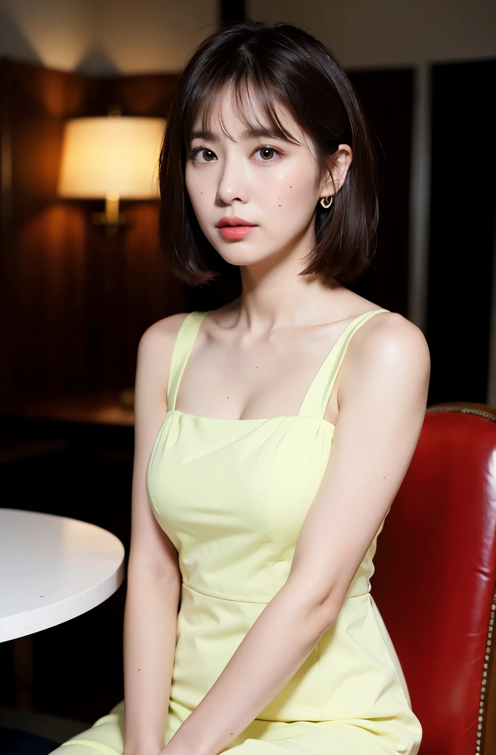 ((8k:1.27)、Top quality、masterpiece、Ultra-high resolution:1.2)Beautiful Japanese women photos(Pleasant:1.1) grace、There is a good、Gradient lighting、1 Girl、Delicate skin、look here、Brown Eyed、(Short hair with bangs:1.2)、(Large breasts:1.0)、(Medium areola:0.8)、(Realist:1.4)、(Top quality:1.0)、(Ultra-high resolution:1.0)、8k、Original Photography、(masterpiece:0.2)、(Pure face_V1:0.5)、 Classic design clothes、60s actress style、vintage dress、classical、shirt dress、sleeveless、Chest隱形設計、Excited expressions、Red cheeks、Want me、theme、Looking down from above、tilt、good posture、Chest、Tipsy、Tired and Sleepy、office、Sit on a chair、Sleepy、drunk、Huge 、