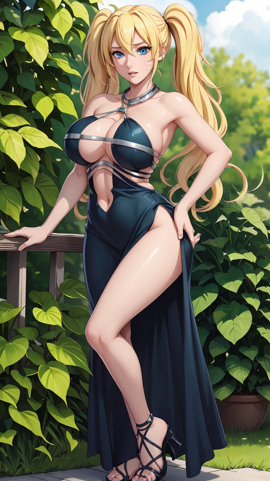masterpiece, ultra high-quality, extremely detail 8k cg, high resolution, 1girl, narukouzumaki, twintails, wisker marks, blonde hair, blue eyes, perfect eyes, thin body, huge breasts, bursting breasts, evening gown, halterneck, criss-cross halter, high heels, choker, beautiful face, outdoors, garden, night time, full shot photo, full body