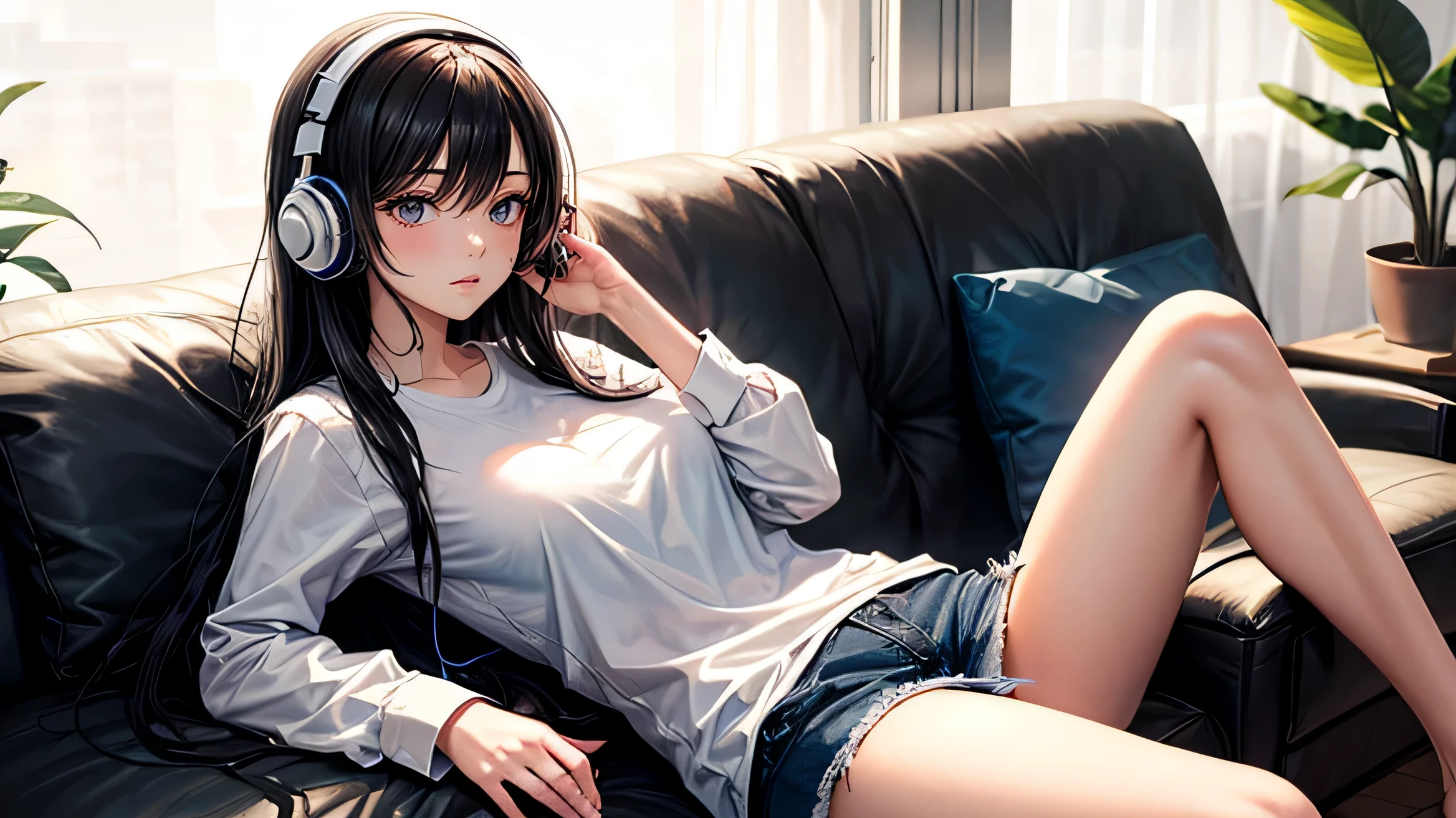 Relaxing Woman　Oversized shirt　Black Hair　Long Hair　Wearing headphones
