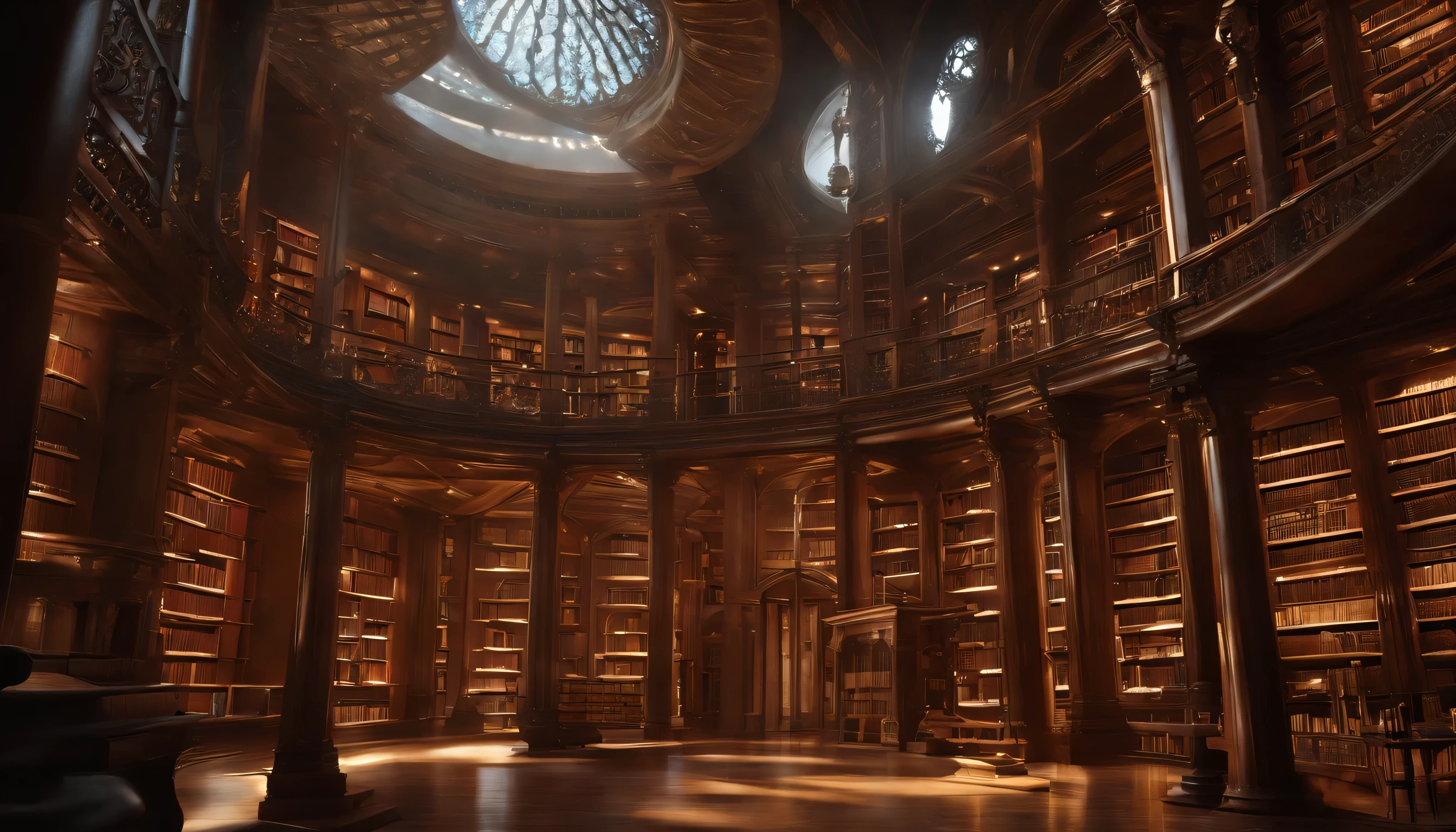 library, An endless book, Born Space Library Artwork, Book Cave, fantasy book illustration, A magnificent spiral shelf filled with books, Infinite Celestial Bodies Library, Eternal Library, Lots of lights in the room.Gothic epic library concept, Magic Library, Space sci-fi book art, beeple and jean giraud, There are books all over the place