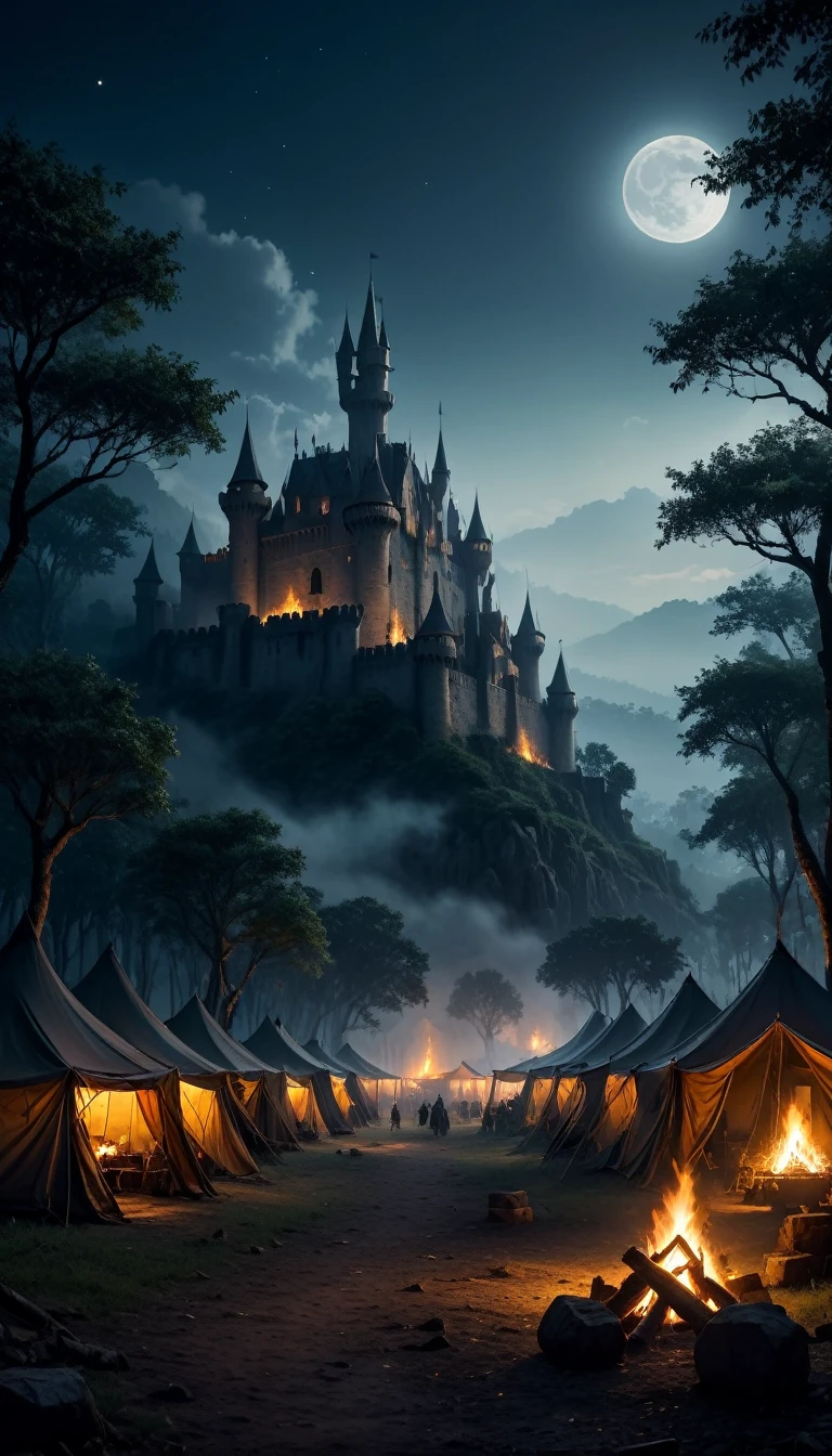 (best quality,4k,8k,highres,masterpiece:1.2),ultra-detailed,(realistic,photorealistic,photo-realistic:1.37),dark and mysterious atmosphere,imposing castle in the distance,moonlit sky illuminating the scene,wisps of fog surrounding the camp,ominous shadows cast by the flickering campfires,shimmering armor and weapons of the soldiers,elaborate banners fluttering in the wind,impressive rows of tents stretching far and wide,men and women resting by the fires,conversations in hushed tones,lush greenery peeking through the outskirts of the camp,thick forest surrounding the camp providing a sense of seclusion,glimpses of mythical creatures lurking in the shadows,whispers of magic in the air,hints of ancient ruins in the distance,echoes of distant battle cries,resolute and determined faces of the soldiers,void of fear,leader's orders echoing throughout the camp,preparations for the next day's march underway,secrets and untold stories hidden within the camp,gothic architecture of the castle adding to the eerie ambiance.