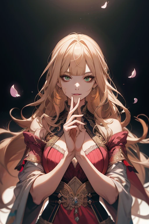 (absurdres, highres, ultra detailed), 1girl, mature female, wavy blonde hair, long hair, blunt bangs, green eyes, pink dress, finely detailed eyes and detailed face, extremely detailed CG unity 8k wallpaper, intricate details, BREAK , kaleidoscopic imagery, symmetrical patterns, vibrant colors, geometric shapes, mesmerizing designs, optical illusions, dynamic composition BREAK , pantomime art, expressive body language, silent storytelling, evocative gestures, visual narratives, theatrical performances BREAK , blooming flowers, colorful petals, fragrant scents, nature's bounty, vibrant gardens, peaceful scenery