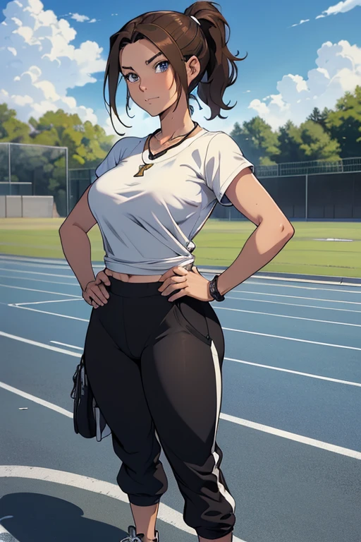 Masterpiece, high resolution, high quality, intricate details, anime girl, full body portrait, front view, 1girl, solo, 36 year old woman, attractive woman, mature face, mature beauty, brown hair, short ponytail, blue eyes, athletic body, medium breasts, curvy hips, arrogant smile, ((Wearing: White Gym T-shirt, Black Gym sweat pants, whistle necklace and black tennis shoes)), standing, hands on hips, looking at viewer, (Background: outdoors, middle school track field, blue sky, clouds in the sky),
