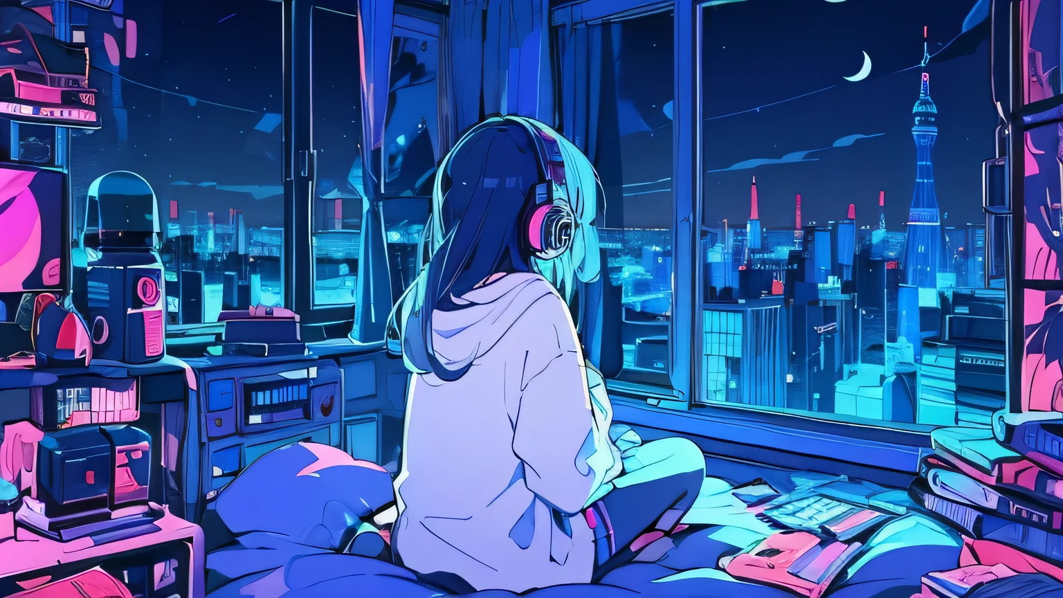 (from behind), Anime girl sitting in front of a computer in a cozy bedroom, Girl listening to music in a cozy room (Nacht), with headphones, Auf dem Dach, (beautiful Nacht views from windows), viele Dinge, 2D-Anime-Stil, The aesthetics of anime in the 90s, Lo-Fi, sehr detailiert, hard disk, Eine Mischung aus Anime-Stil und Fujifilm, surreal, 8k, Meisterwerk