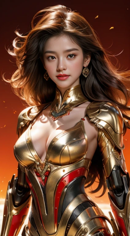 Realistic 8K visuals.Masterpiece,hips up,Complete Anatomy,Maximum details,Highest quality,The light is warm and comfortable on the eyes..,young woman with long hair, flowing hair,A sweet smile staring at me,Model poses,cybernetic robot,(ไซเบอร์พังค์redส้ม metallic-)complex machinery,A machine that glows in different colors,Mechanical radius,future world,Exaggerated,white bikini body_red_metallic gold,morning backdrop
