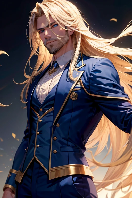 A muscular blonde haired male wizard with blue eyes with a dark beard and long hair in a student's suit is raising a magical blade in the air