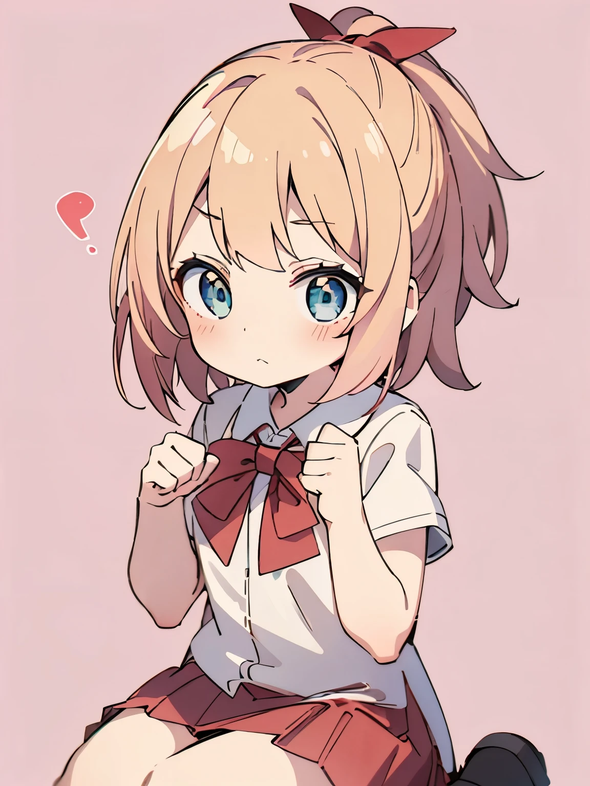 1girl,6 years old,blonde hair,Sitting,hands clenched into fists, ,blonde hair,blonde hair,short hair, blue eyes,White short shirt, red bow tie, red short skirt, red ribbon ponytail,very short hair, side bangs,ultra detail, ultra HD