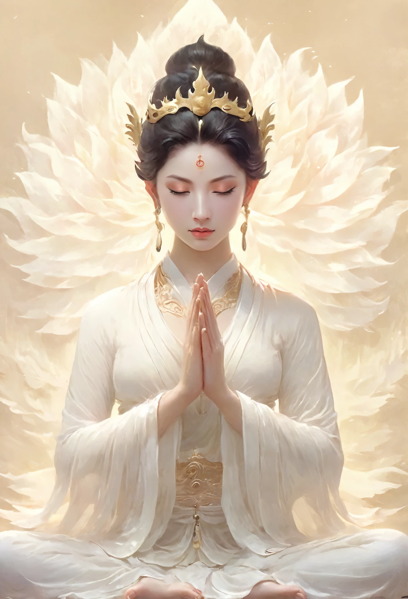 Beauty,Black hair,Black eyes,Gauze skirt,front,,symmetry,Hands together,Bodhisattva shape,Clean background,masterpiece,