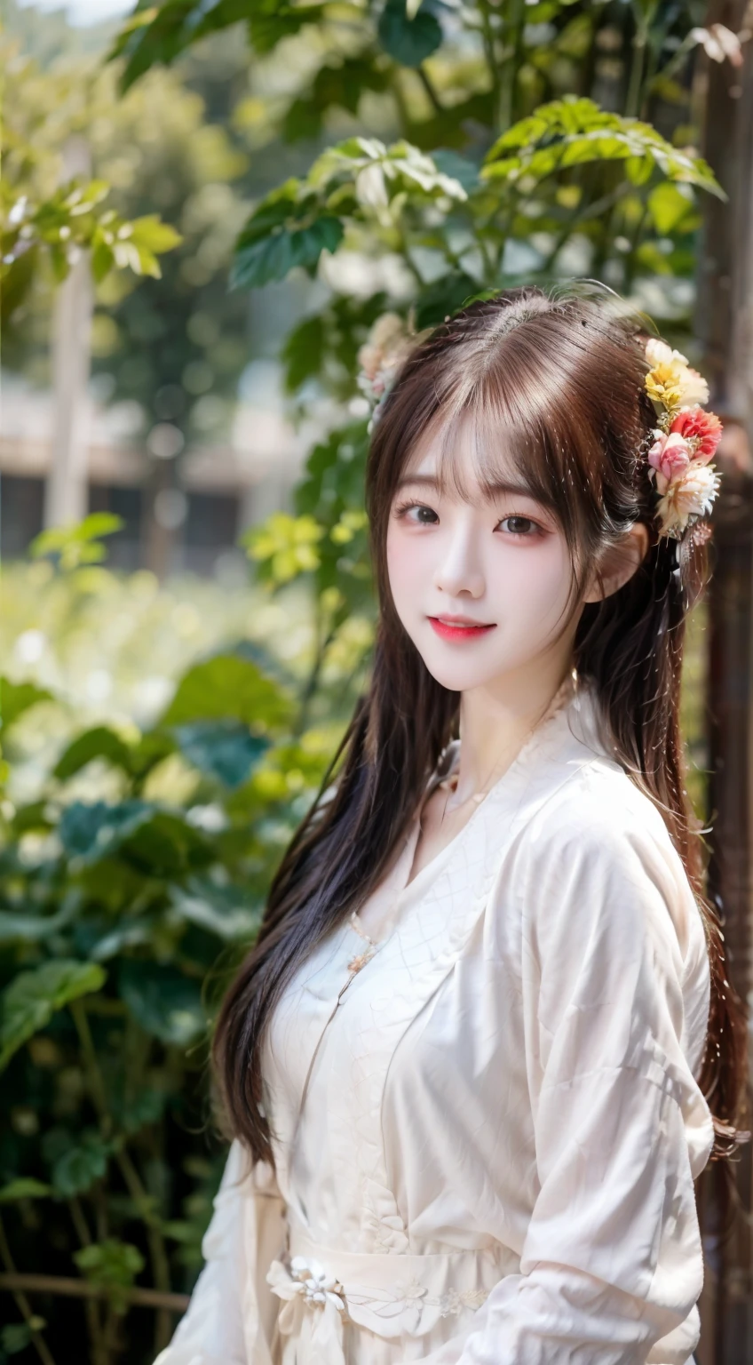 Beautiful woman holding corn in hands,wheat,tomato, Long blond hair,Surrounded by fruits and vegetables, Top-level detailed CG quality 4K wallpaper, Grandmaster, masterpiece, Sportswear, middle, Watch the video, Beautiful Chinese-Korean mixed-race idol, ((Super thin face,Detailed description of facial features)), Bitten lip makeup, sweet smile, Perfect body shape, Good skin tone, Tree, Tree枝,