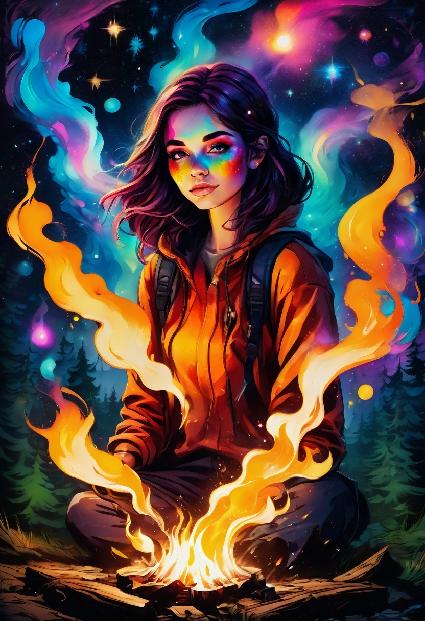 1girl, Campfire, aesthetic, Campfire in the woods at night, with nightsky of a colorful galaxy, graffiti art, splash art, street art, spray paint, oil gouache melting, acrylic, high contrast, colorful polychromatic, ultra detailed, ultra quality, CGSociety