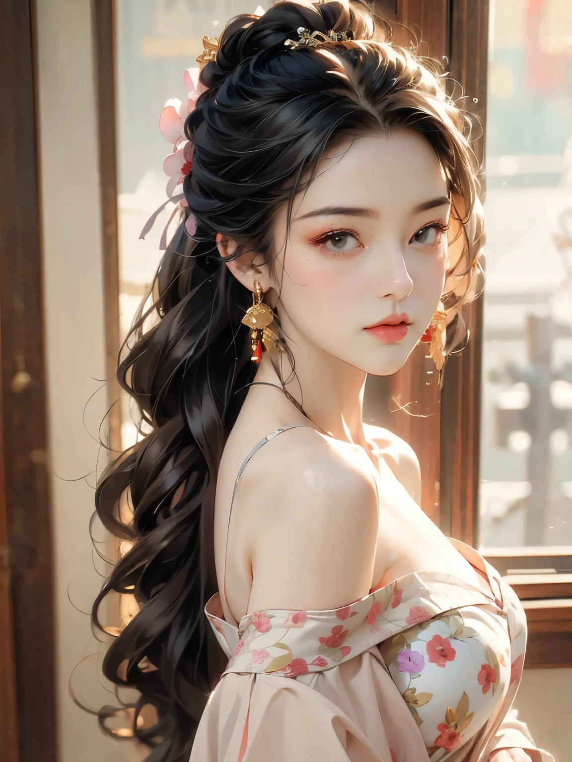 best quality, masterpiece, Ultra-high resolution, (Reality: 1.4), original photo, 1 Girl, 粉色Off-shoulder, Movie Lighting,whole body,whole body (1:3), Chest straight, (from outside) (Glowing skin), Many colors, best quality, masterpiece, Realistic photos, Intricate details, RAW photos, court, Gorgeous cheongsam in Many colors, Extra long hair, Off-shoulder, Delicate face, Cleavage exposed, decorate, Standing by the window, cheongsam, Lace, revealing clothes, decorate, Show your thighs, Front view, Looking at the camera