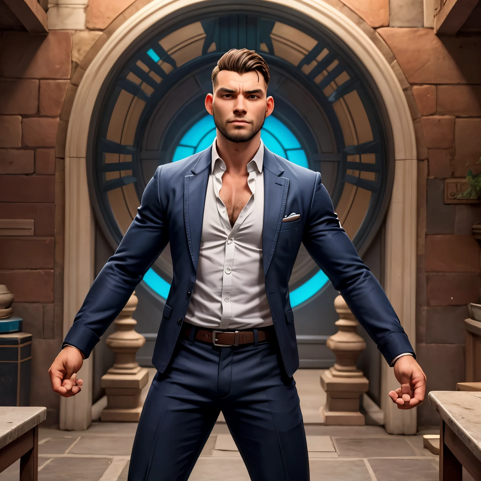 Man in champagne colour trendy urban clothes in a bar, messy hair, smiling, Full body, hyper detailed painting, illuminism, 4k resolution, fractal isometrics details bioluminescence , 3d render, octane render, intricately detailed , cinematic, Isometric Centered hyperrealistic cover photo awesome full colour, hand drawn , gritty, hit definition , cinematic, on paper, ethereal background, abstract beauty,stand, approaching perfection, concept art, intricate details, 8k post production, high resolution, hyperdetailed, trending on artstation, sharp focus, studio photo, intricate details, highly detailed, by greg rutkowski