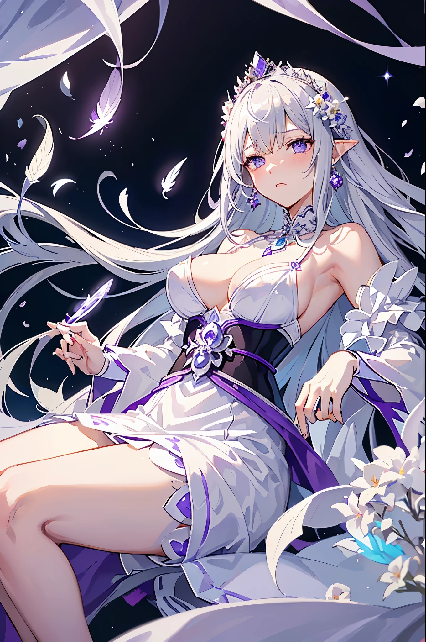 Emilia princess from Re:Zero kara Hajimeru Isekai Seikatsu, half elf, ((gorgeous white and purple elegant silk wedding dress, holding a bunch of clematis, silk accesory, veil, silver necklace, diamond ring, flower earring, belt, collar, silver crown, silk long sleeves)), grace hair style, garden background, ((perfect body shape, medium breast, empress and forzen aura, flower and feather flying effect, clean detailed skin, silver and light purple pupil, blush)), best quality anime 16k wallpaper quality, extreme eye and body detail, spiral energetic girl, spirit around, high resolution , masterpieces, ultra lighting,