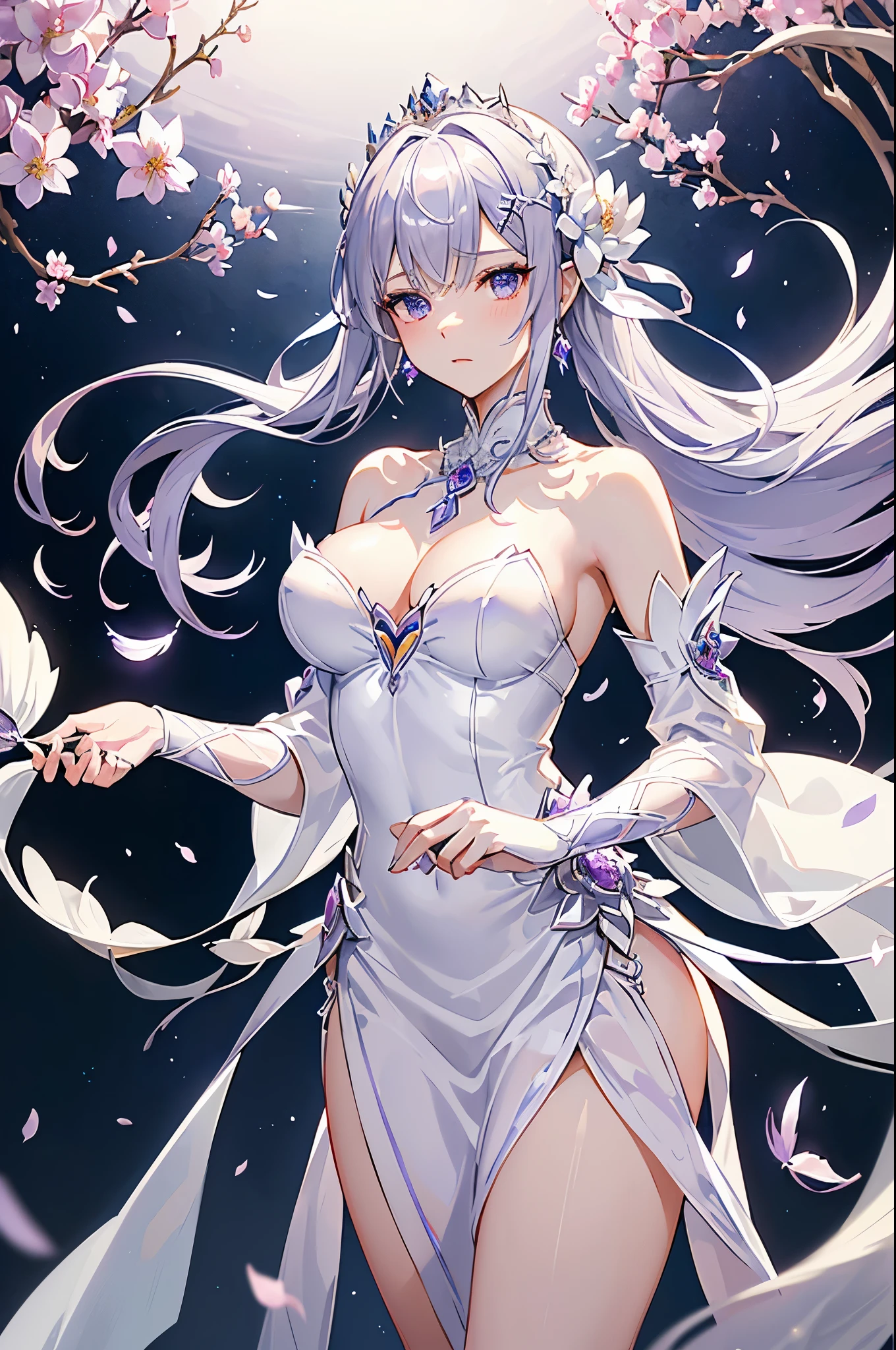 Emilia princess from Re:Zero kara Hajimeru Isekai Seikatsu, half elf, ((gorgeous white and purple elegant silk wedding dress, holding a bunch of clematis, silk accesory, veil, silver necklace, diamond ring, flower earring, belt, collar, silver crown, silk long sleeves)), grace hair style, garden background, ((perfect body shape, medium breast, empress and forzen aura, flower and feather flying effect, clean detailed skin, silver and light purple pupil, blush)), best quality anime 16k wallpaper quality, extreme eye and body detail, spiral energetic girl, spirit around, high resolution , masterpieces, ultra lighting,