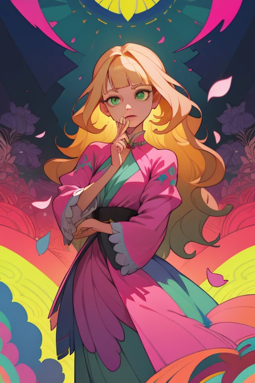 (absurdres, highres, ultra detailed), 1girl, mature female, wavy blonde hair, long hair, blunt bangs, green eyes, pink dress, finely detailed eyes and detailed face, extremely detailed CG unity 8k wallpaper, intricate details, BREAK , kaleidoscopic imagery, symmetrical patterns, vibrant colors, geometric shapes, mesmerizing designs, optical illusions, dynamic composition BREAK , pantomime art, expressive body language, silent storytelling, evocative gestures, visual narratives, theatrical performances BREAK , blooming flowers, colorful petals, fragrant scents, nature's bounty, vibrant gardens, peaceful scenery