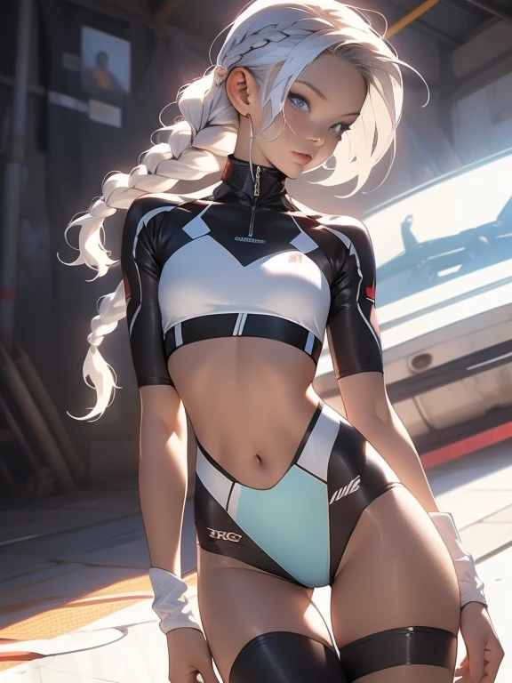 ((Best quality)), ((masterpiece)), (detailed: 1.4), (Absurd), War-ready female fighter pilot with military bikini, Marine, dark skin, defined sculpted body, full body, bare thighs, closed mouth, cyberpunk, semi naked, generous neckline, ((perfect medium breasts)), (super light blue eyes without pupils), (((military camouflage bikini)), (((white hair with braid)))), long eyelashes heavy makeup, garter belt, by mucha, niji --V5, close to real, psychopathic, perfect face, sexy pose, background with a giant head, 2 piece clothing, pastel, centered, scale to fit the dimensions, HDR (High Dynamic Range),Ray Tracing, NVIDIA RTX,Super-Resolution,Unreal 5,Subsurface Dispersion, PBR Texture, exposed belly, Post-processing, Anisotropic filtering, Depth of field, Maximum clarity and sharpness, Multilayer textures, Albedo and specular maps, Surface shading, Accurate simulation of light-material interaction, Perfect proportions, thigh gap, Octane Render, Two-tone lighting, Wide aperture, Low ISO, White balance, Rule of thirds, 8K RAW, bright crysisnanosuit bikini, thigh gap, nice hips, bikini panties, perfect legs, synthwave bikinis, bare arms
