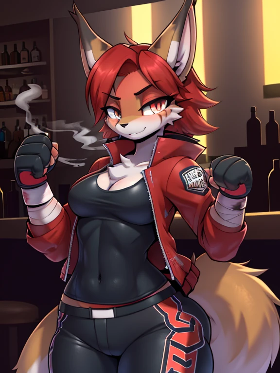 Anthropomorphic furry lynx girl, poison, Red hair, wearing a jacket with a smoke pattern on it, in black pants, hands in bandages, (((MMA fighter))), burn on left eye,   working in a bar as a bartender in anime style