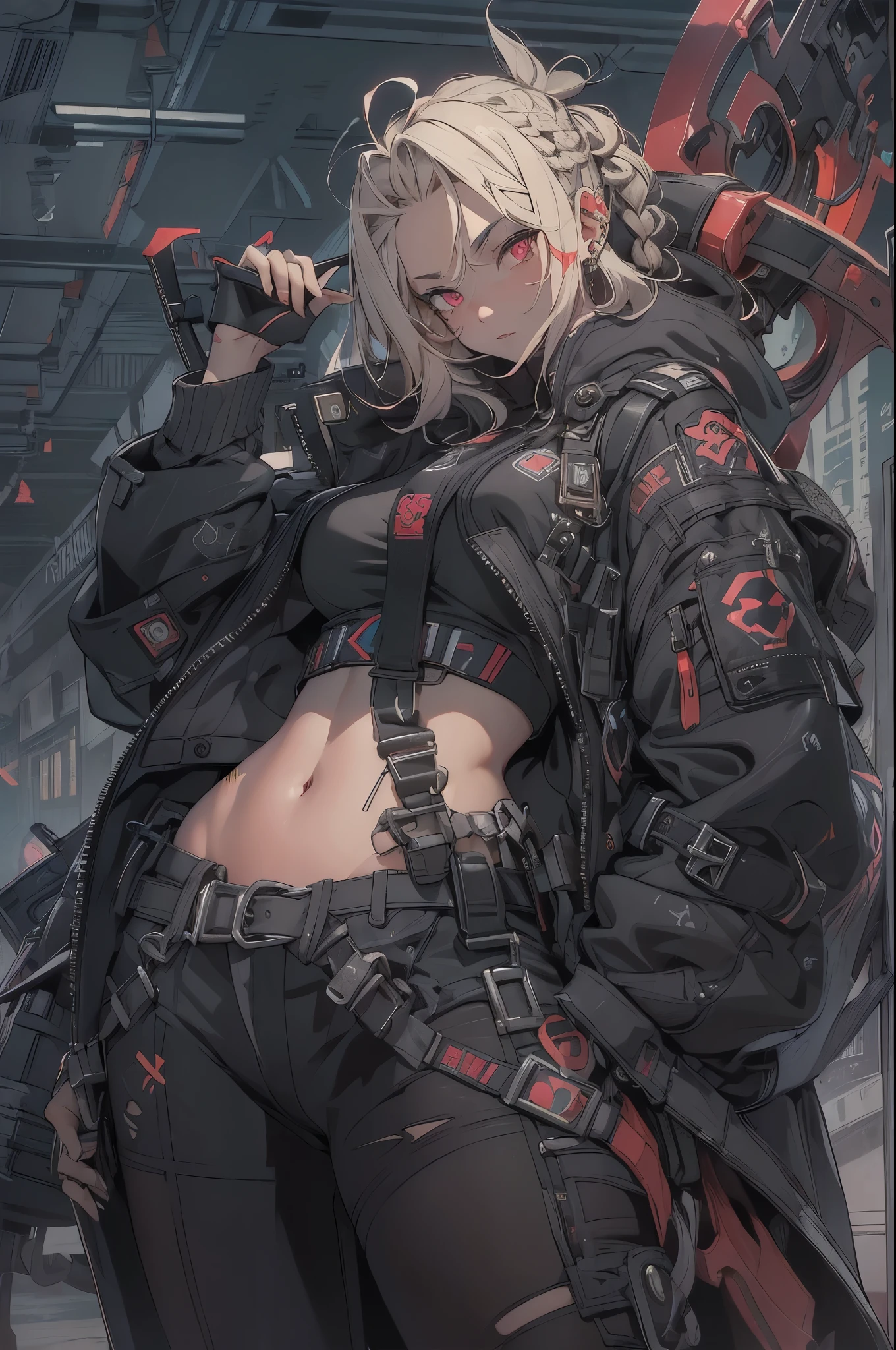 1girl, rebecca \(cyberpunk\), ((cowboy shot)),(( a huge big scythe, the size of half of the screen:1.3 )),solo, blonde braid hair, glowing red eyes,laugh fearlessly, leg tattoo, neck tattoo,  large chest, black bra, thong, red pupils, skin fang, red eyes, black jacket, 