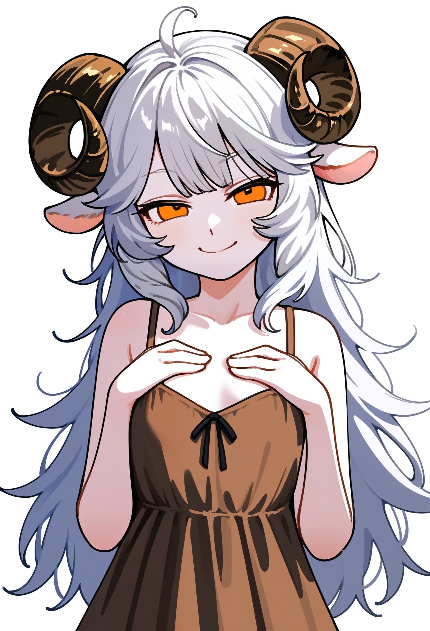 1girl, solo, Monstergirl Encyclopedia, sheep horns, curled horns, sheep ears, white hair, long hair, messy hair, long bangs, pale skin, orange eyes, smile, smug, stoic, small breasts, standing, (hands on chest), (dark brown dress, sundress), white background, simple background, newest, upper body, safe, masterpiece, best quality
