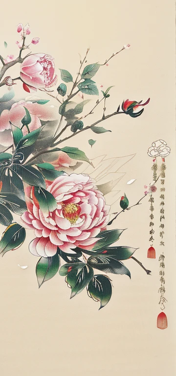 traditional Chinese painting,Peony,Gongbi drawing style,Green Leaf,Butterfly
