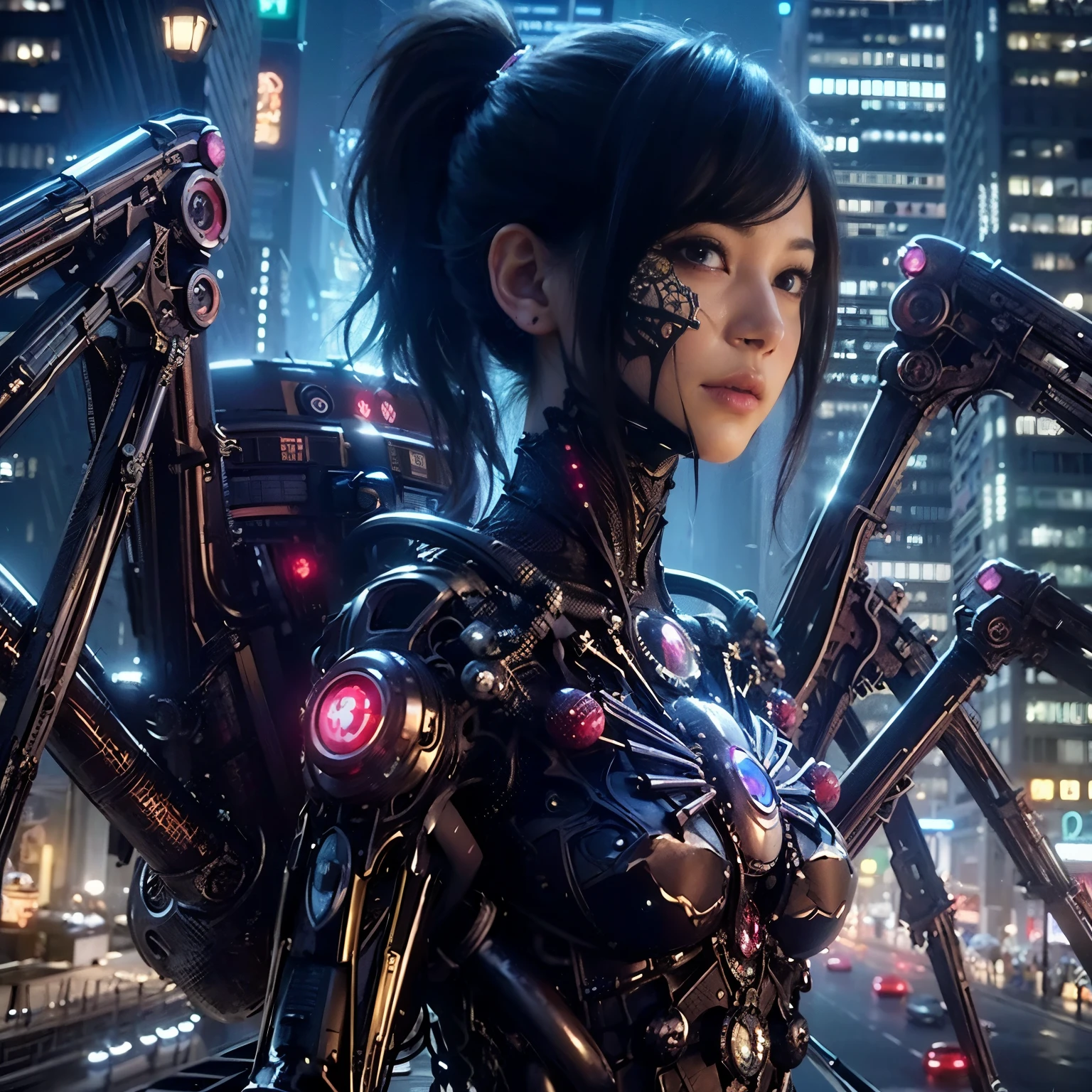 (top-quality:1.2, masterpiece)、ultra high resolution、extremely ultra surrealism, (Photorealsitic:1.4)、Raw photo、(Steampunk Battle Cyborg fallen angel)、large bat wings made of metal、black porcelain body、red hair、glowy skin、1 Cyborg girl、(mechanical frame:1.3)japanese, extremely cute face, ((super realistic details))、portrait、globalillumination、Shadow、octan render、8K、ultrasharp、character edge light、Details of complex ornaments、Acrylic Clear Cover、Sumerian details、Hydraulic cylinder、Small LED lamp、highly intricate detail、Realistic light、a purple eye、radiant eyes、Facing the camera、neon details、cowboy shot、Futuristic headgear、About Cyberpunk