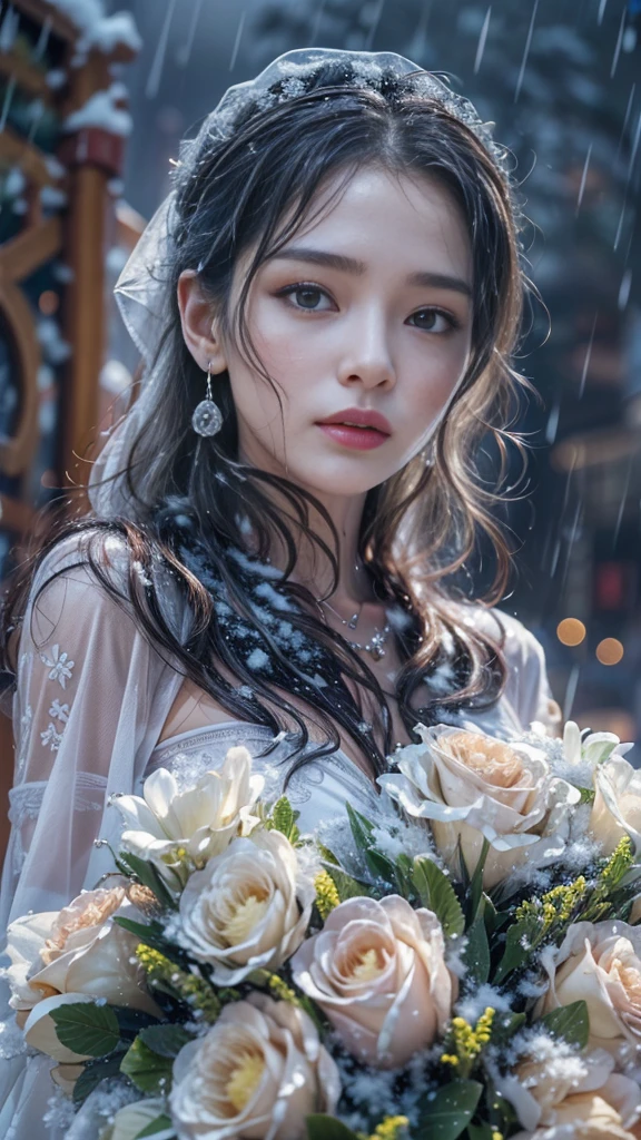 (Realistic:1.5, 8k, highest quality, masterpiece, Ultra-high resolution), (((heavy snow, From below))), Perfect dynamic composition:1.2, (Modern city at night, In front of the supermarket at night, Expressions of sadness:0.9, Low angle shooting:0.9), Highly detailed skin and facial textures:1.2, Young 女性 getting wet in the rain:1.3, Fair skin:1.2, Sexy beauty:1.1, Incredibly slim body:1.2, beautifully、aesthetic:1.1, Very beautiful face:1.2, Water droplets on the skin, (The rain drips down on my body:1.2, Wet body:1.2, Wet Hair:1.3), (Holding a wet shopping bag:1.2, Wet long skirt:1.2, Wearing wet casual clothes:1.3), (Shapely large breasts, Bra is sheer, Chest gap), (Big eyes that exude beautiful eroticism:0.8, Lips that exude beautiful eroticism:0.8), hat, necklace, Earrings, bracelet, wedding ring, Highly detailed and accurate hand and finger representation