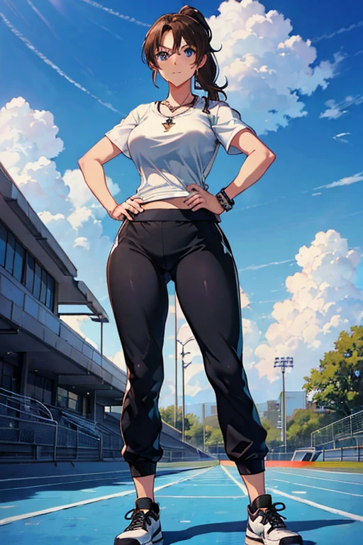 Masterpiece, high resolution, high quality, intricate details, anime girl, full body portrait, front view, 1girl, solo, 36 year old woman, attractive woman, mature face, mature beauty, brown hair, short ponytail, blue eyes, athletic body, medium breasts, curvy hips, arrogant smile, ((Wearing: White Gym T-shirt, Black Gym sweat pants, whistle necklace and black tennis shoes)), standing, hands on hips, looking at viewer, (Background: outdoors, middle school track field, blue sky, clouds in the sky),