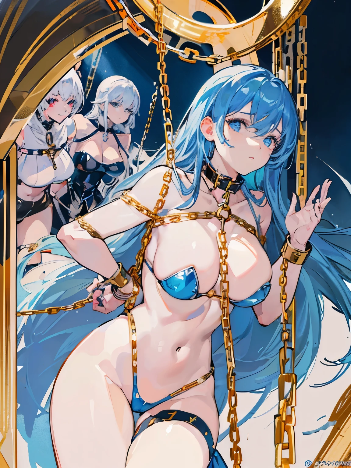 nsfw,(Superflat, masterpiece, Flat Shading, Flat Color:1.1), Cinematic shots, masterpiece, ((3 women)), European, (Three beautiful women), A female teacher standing with two girls in chains, golden Hello, Hello, (Put your hands on your neck, Suffocate:1.3), (Chained, Tied up, Golden Chain, Chain your body , Chained collar, handcuffs, rough:1.4), leather gloves, leather, slim, Angel Wings, (Cold Light, Cold blue tones), Flat blue background, Very detailed, highest quality, close、Huge Breasts