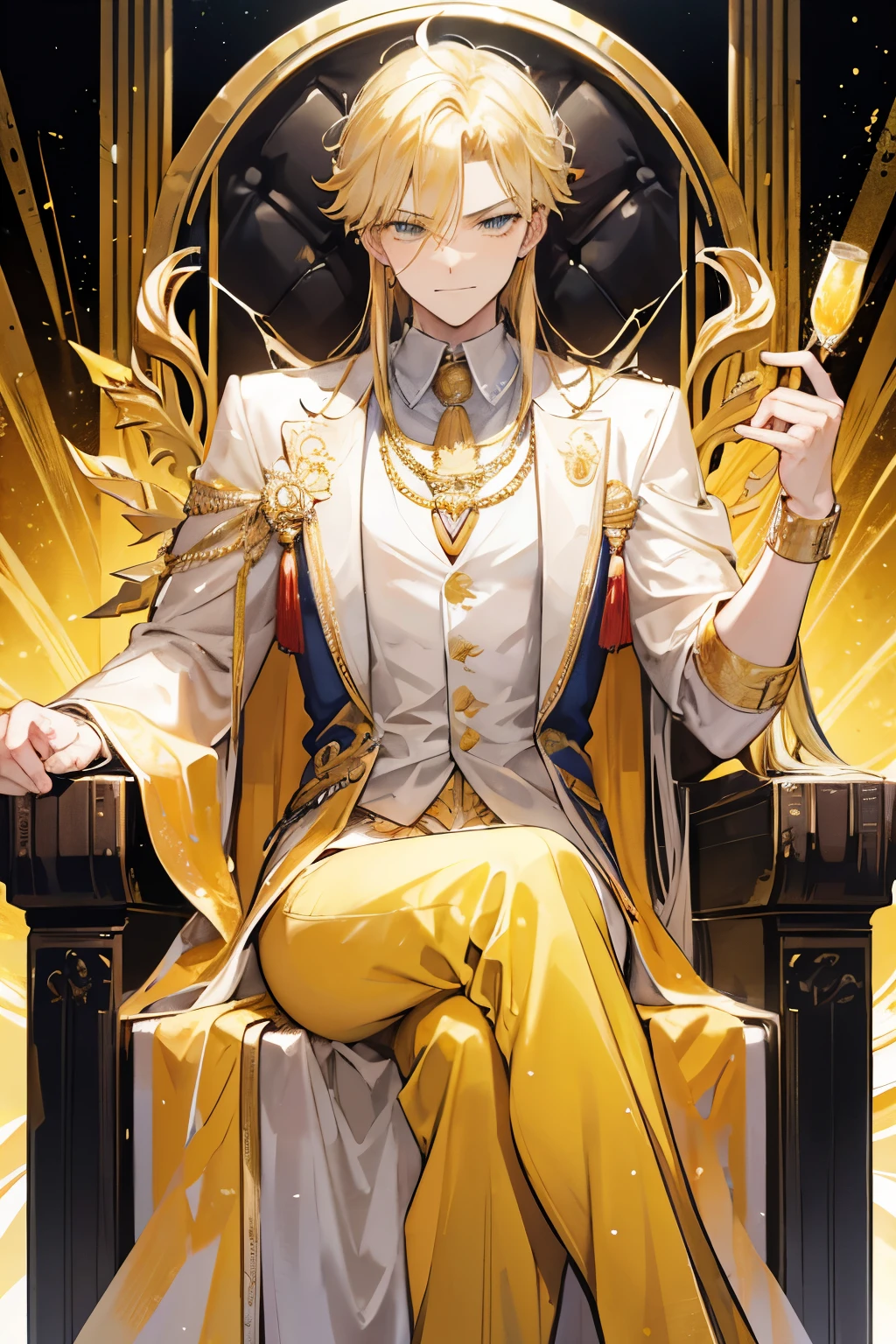 The god Zeus. He has blonde, golden and spikey hair. he looks charming, confident and masculine. he has a smirk. he sits on a golden throne. yellow lightning crackles around him. he dresses royally, like a king. he sits like a king.