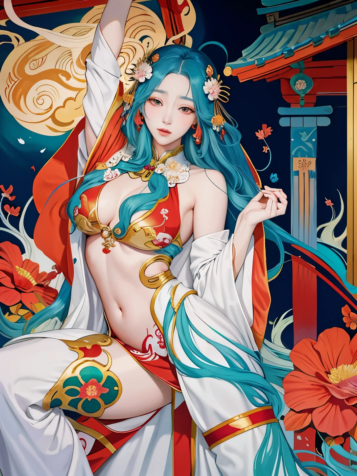 a painting of a woman with long hair and a flower in her hand, korean art nouveau anime, japanese goddess, flowing hair and long robes, anime fantasy illustration, inspired by Sōami, akira from chinese mythology, japanese art style, a beautiful kitsune woman, inspired by Nōami, inspired by Tsukioka Yoshitoshi, autumnal empress