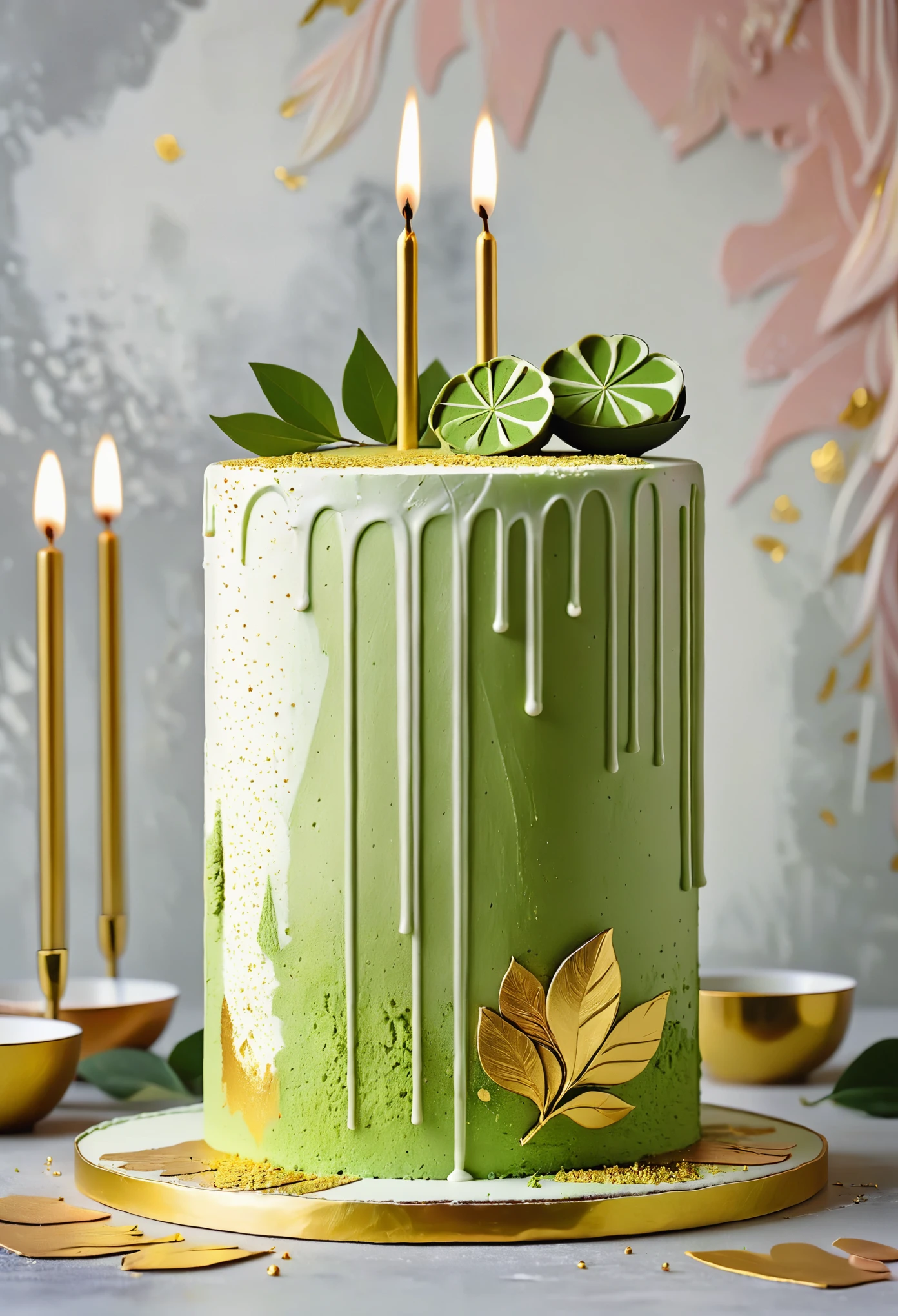 White cake，Delicious，Matcha powder，Minimalist Sculpture，3D， Portrait blush on cake,Rough surface，Surface pattern and texture，Surface scratches，grainy，Birthday candles on the cake，Covered with gold leaf